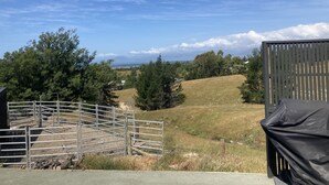 A rural landscape with a metal gate, trees, and a hill in the background.