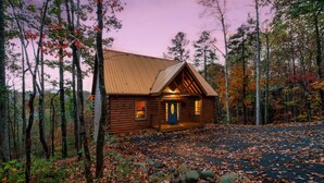 A log cabin with a pitched roof, surrounded by a forest with autumn foliage.