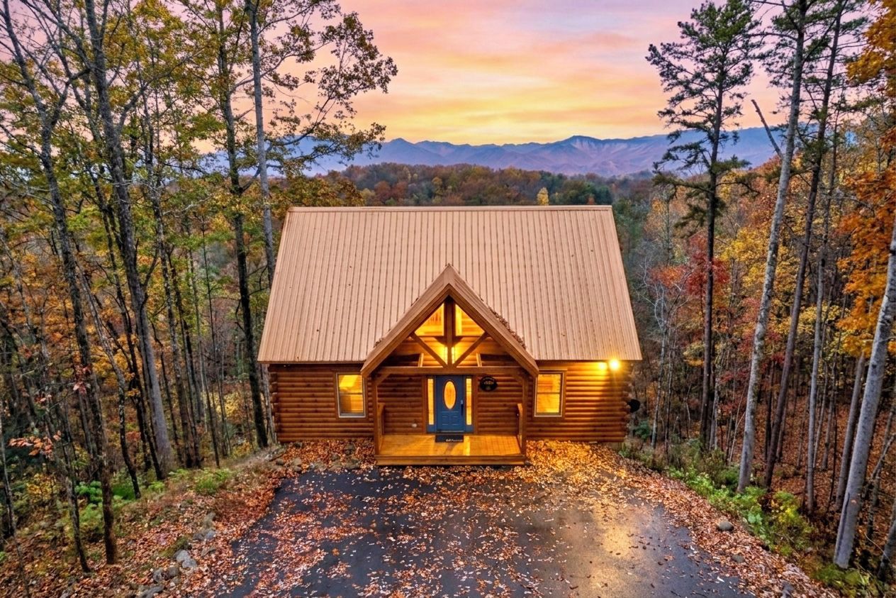 A cabin with a wooden exterior, a pitched roof, and a front porch.