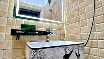 Shower, rainfall showerhead, designer toiletries, hair dryer