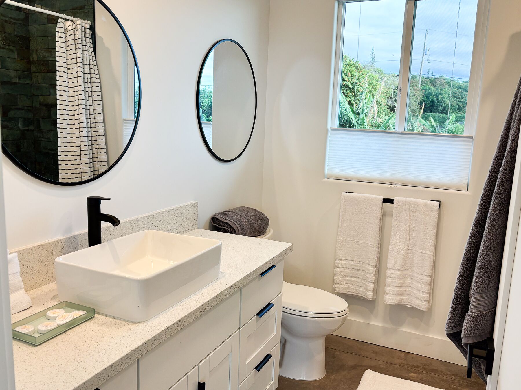 Hair dryer, towels, soap, toilet paper