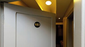 A door with the number 103 on it, a light fixture on the ceiling, and a partial view of a hallway. - Venus Pyramids Inn (Giza)