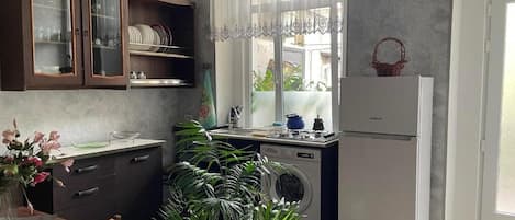 Oven, stovetop, electric kettle, cookware/dishes/utensils