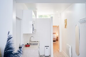 Fridge, microwave, stovetop, electric kettle