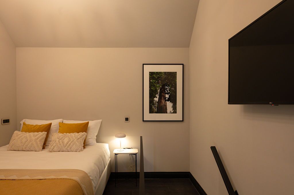 Een moderne hotelkamer met een bed, een nachtkastje met een lamp, een ingelijst schilderij aan de muur en een flatscreen televisie.