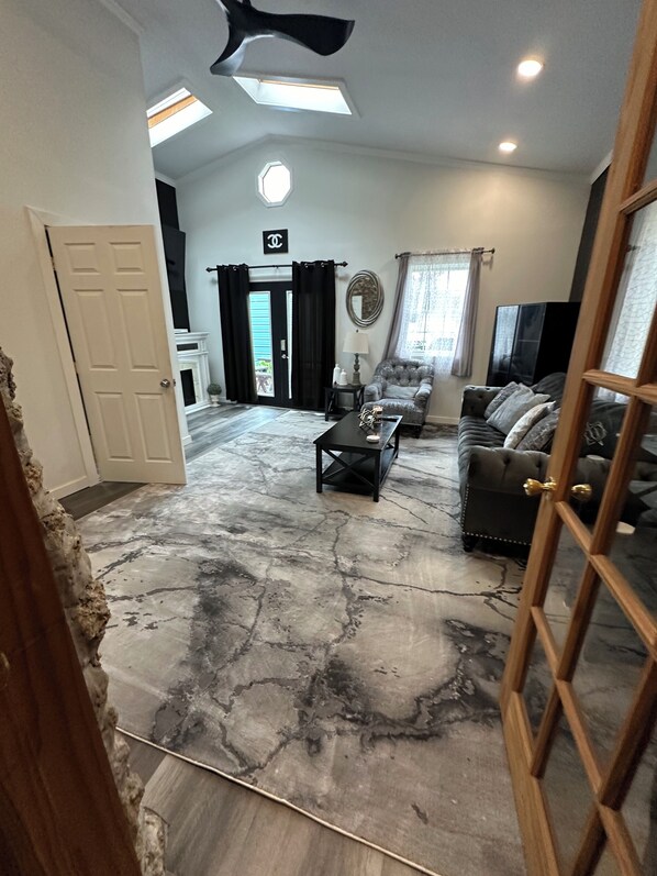 TV connectée, cheminée, jeux vidéo, lecteur de DVD