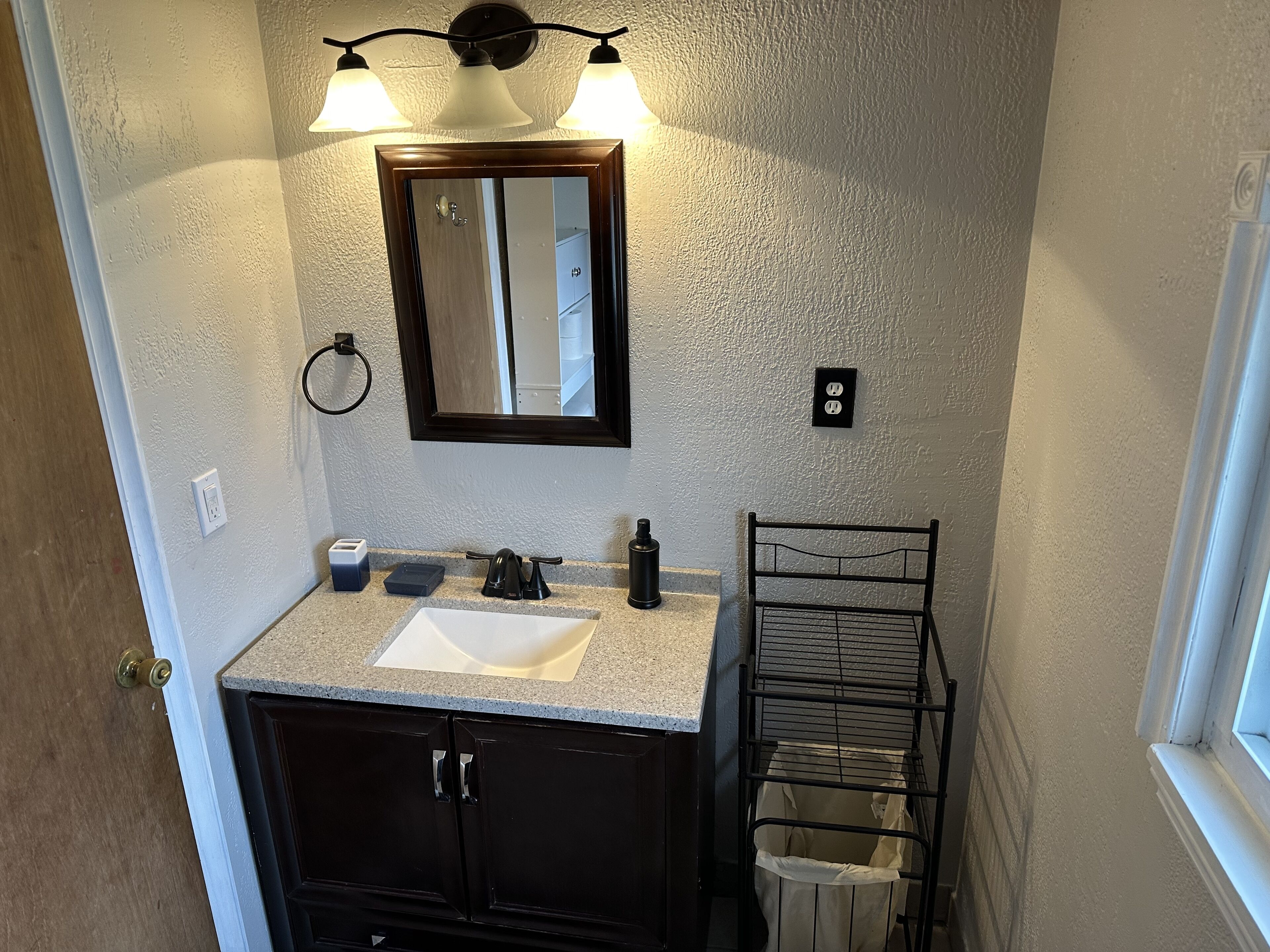 Hair dryer, towels, soap, shampoo