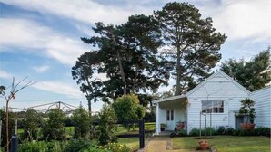 Une maison blanche avec un porche, entourée d’un jardin où poussent différentes plantes et un grand arbre.