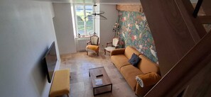 Télévision, cheminée, livres, chaîne hi-fi