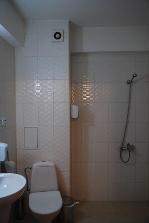 A bathroom with a toilet, sink, and shower.