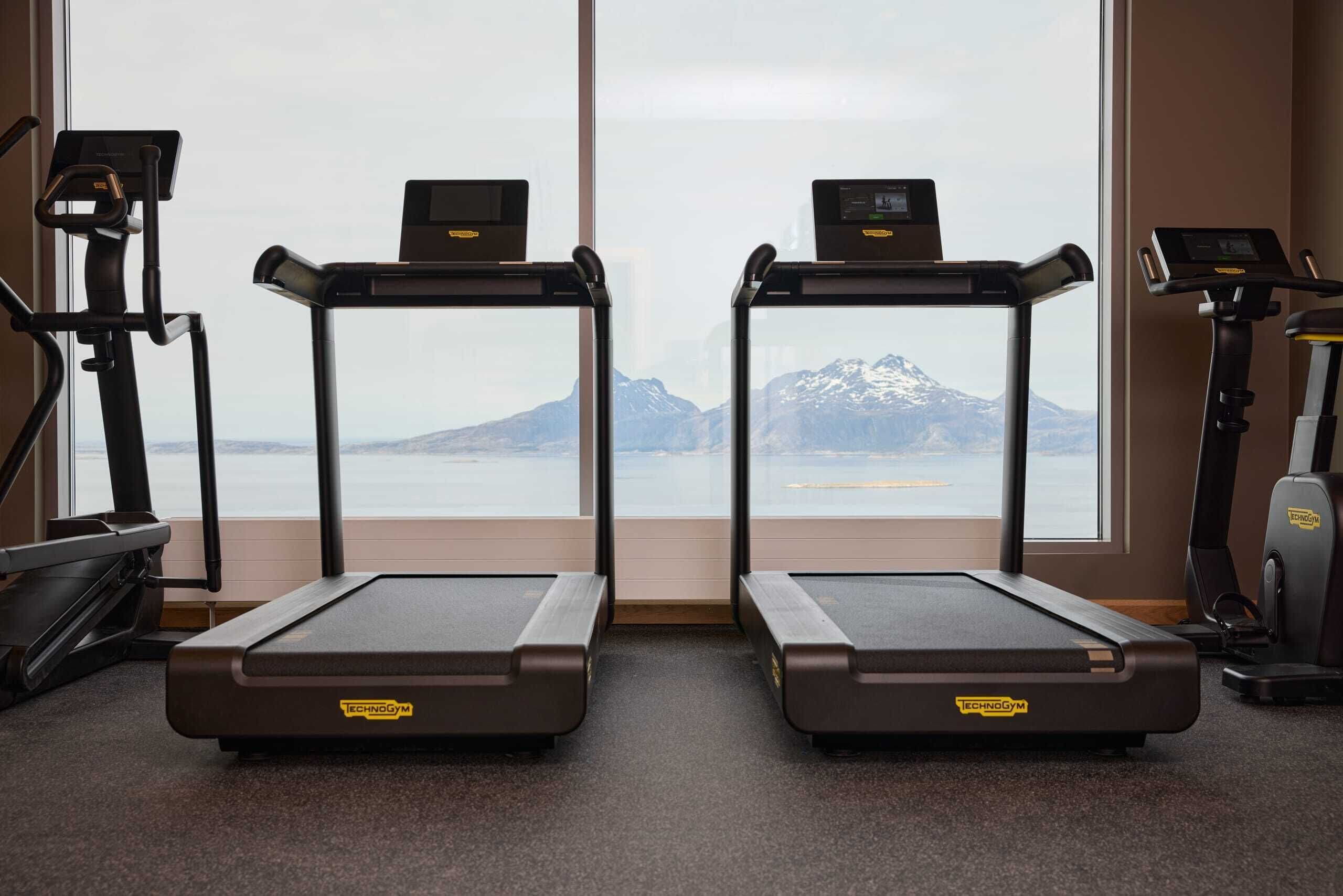 A gym with two treadmills, a stationary bike, and a rowing machine, all equipped with digital displays.