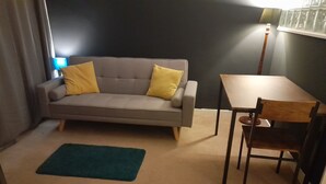 Een kleine, gemeubileerde kamer met een grijze bank, twee gele kussens, een houten eettafel en een groen vloerkleed.