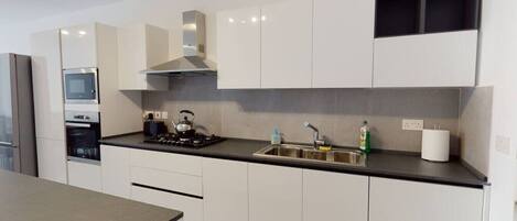 Frigorífico, microondas, horno y placa de cocina