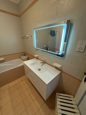 Hair dryer, towels, toilet paper