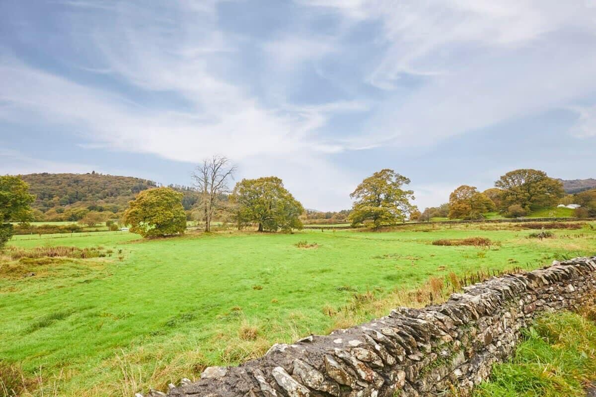 A stone wall in a green field with trees in the background.