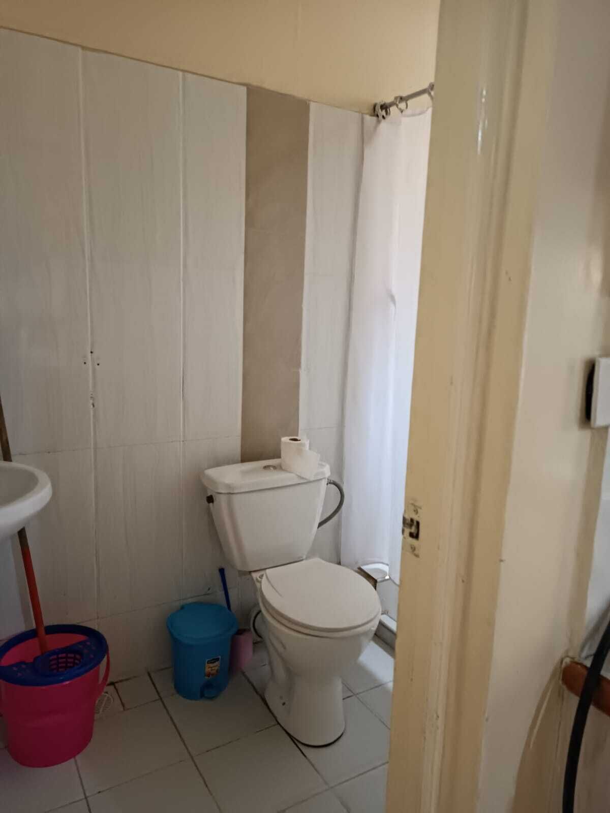 A small, basic bathroom with a toilet, a sink, and a shower curtain.
