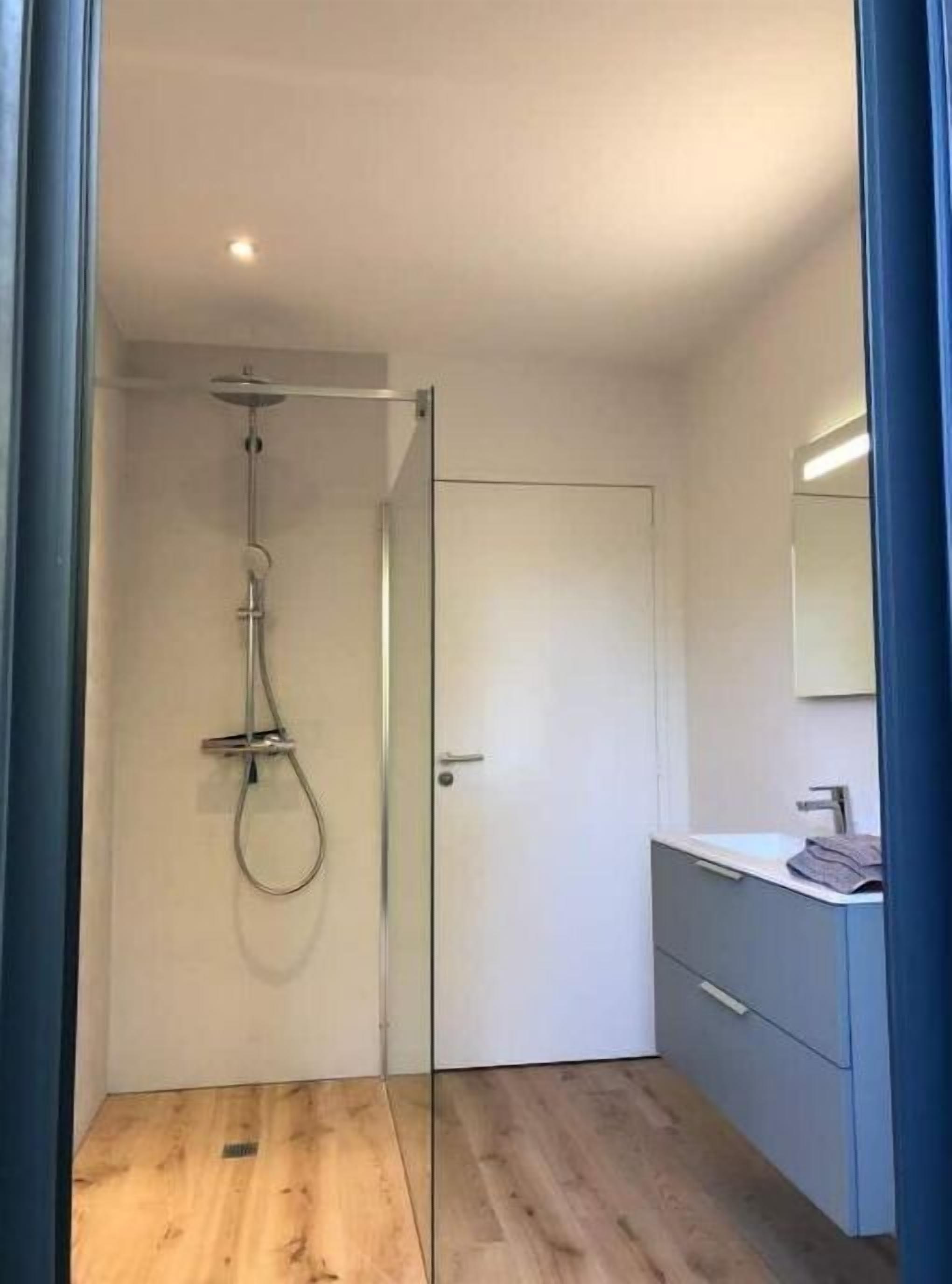 Une salle de bain moderne avec une douche à parois de verre, une porte blanche et un plancher en bois.