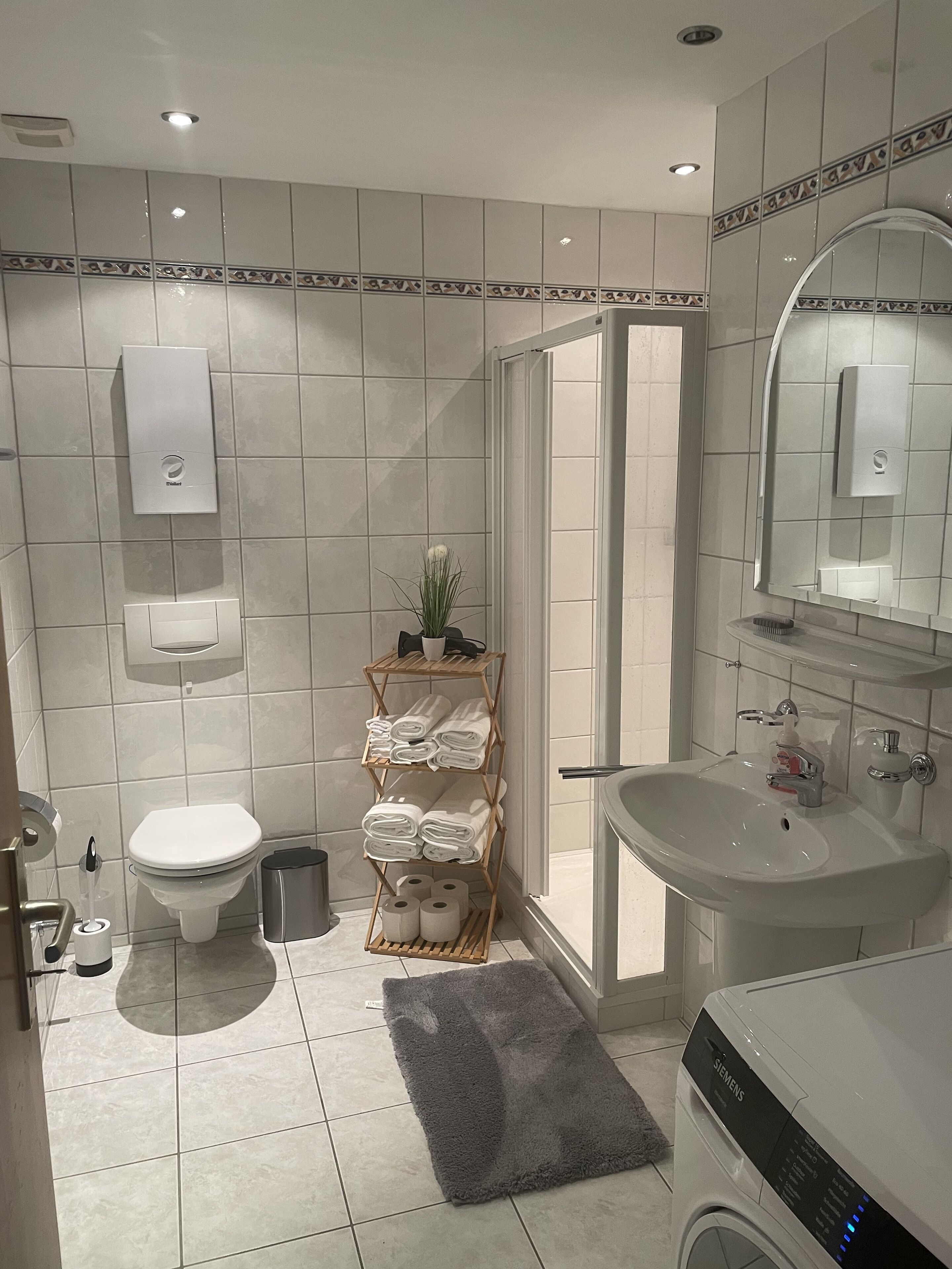 Un bagno moderno con WC, lavabo e doccia. È presente un portasciugamani con asciugamani e una piccola pianta.