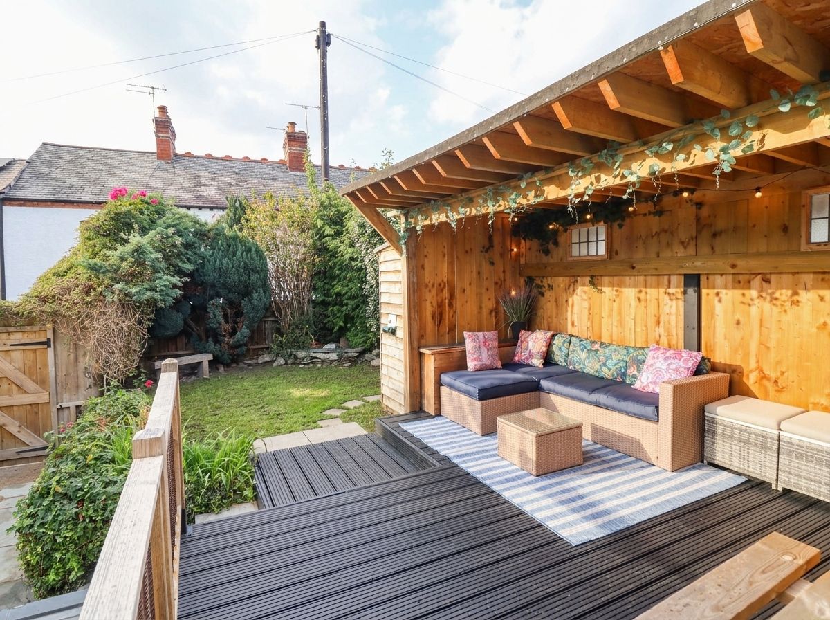 A wooden deck with a sofa and cushions, surrounded by a wooden fence and greenery.