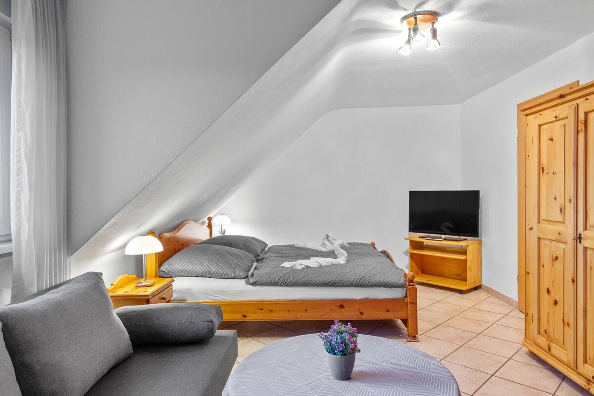 A bedroom with a bed, a TV, a sofa, a lamp, and a wooden wardrobe.