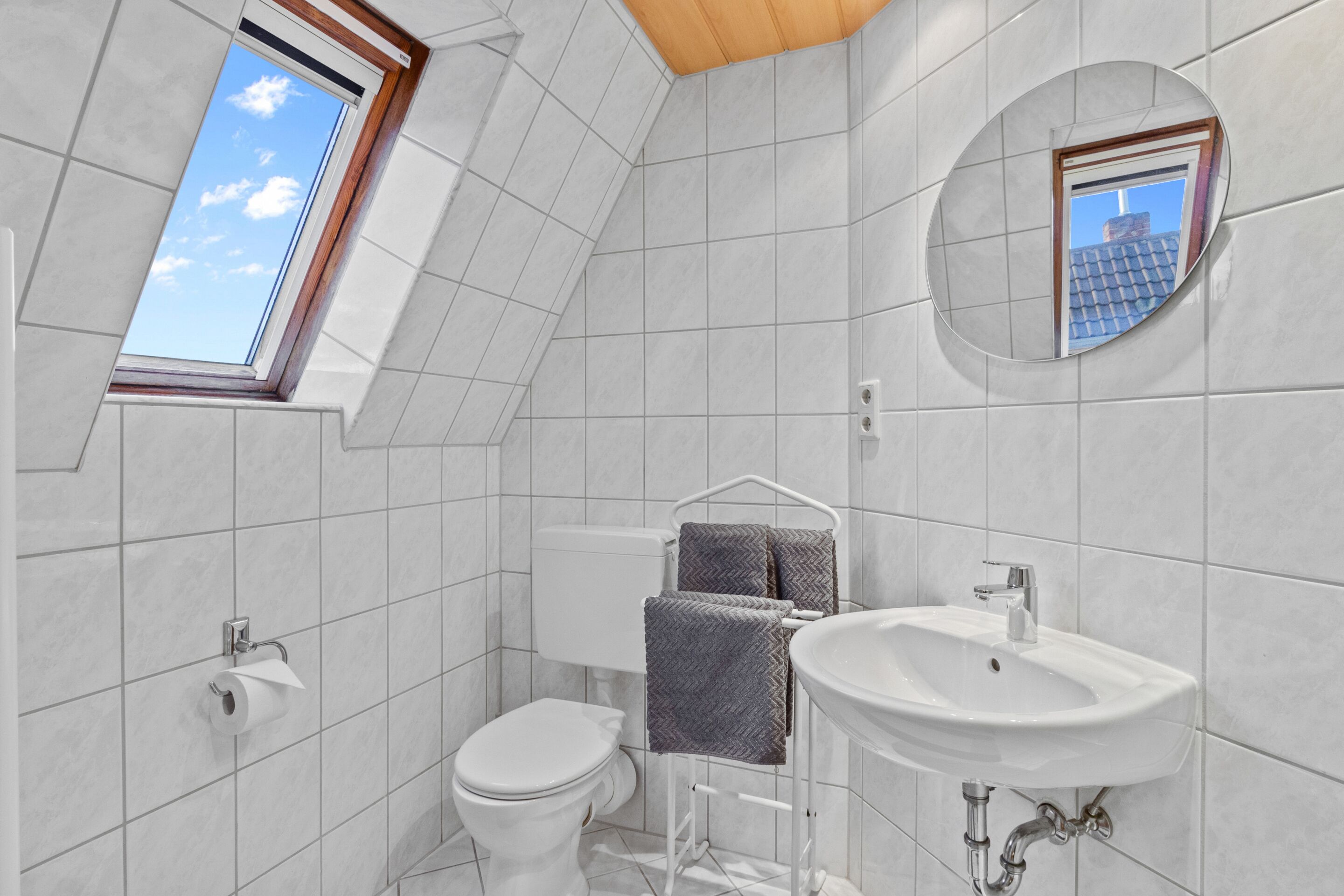 A modern bathroom with a skylight, a toilet, a sink, and a mirror.