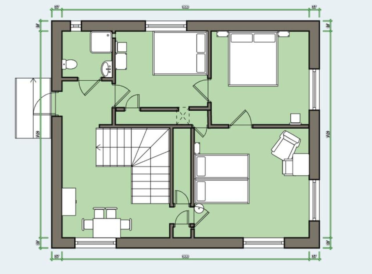 A floor plan of a hotel room with a bed, a desk, a chair, a wardrobe, and a bathroom.