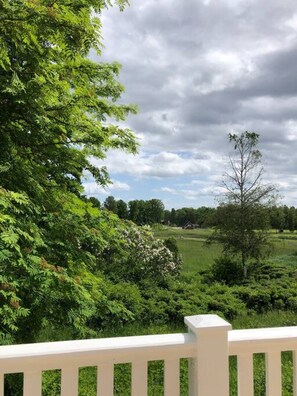 A white balcony railing overlooking a lush green landscape with trees and a clear sky.