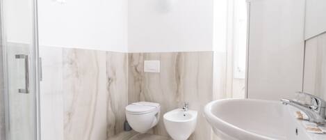 Shower, hair dryer, bidet, towels