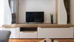 Un salon moderne avec un téléviseur à écran plat posé sur une console en bois, une petite plante en pot et une télécommande sur une table basse.