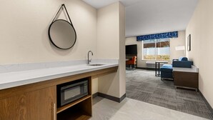 A modern bathroom with a sink, mirror, and microwave. There is a seating area with a TV and a window with blue curtains. - Hampton Inn & Suites Bessemer Birmingham (Bessemer)