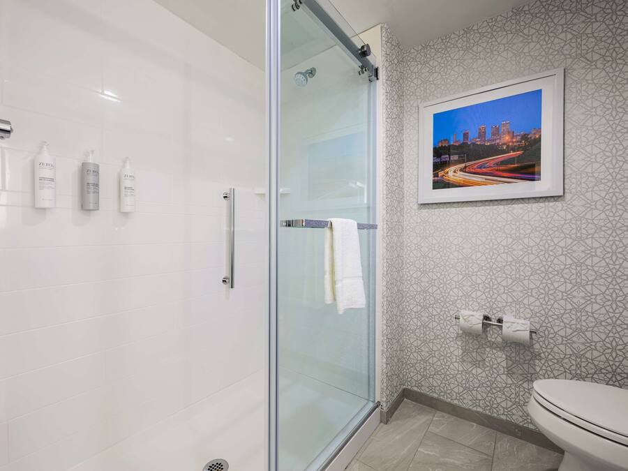 A modern bathroom with a glass shower enclosure, a toilet, and a framed cityscape picture on the wall.