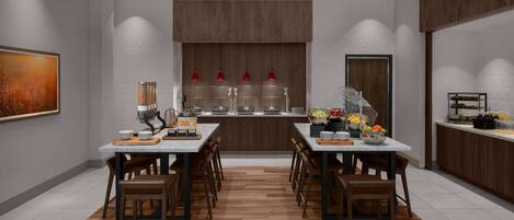 A modern kitchen with a central island, wooden cabinets, and a dining area with chairs.