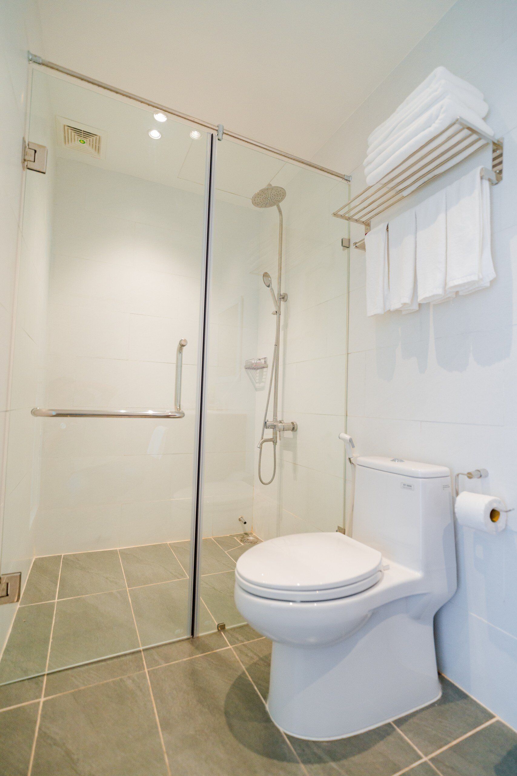A modern bathroom with a glass-enclosed shower, a white toilet, and a towel rack.