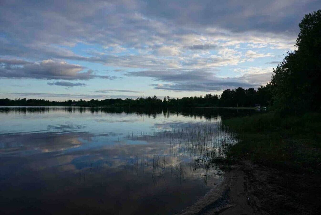 Un lac paisible, bordé d’une forêt et surplombé d’un ciel nuageux.