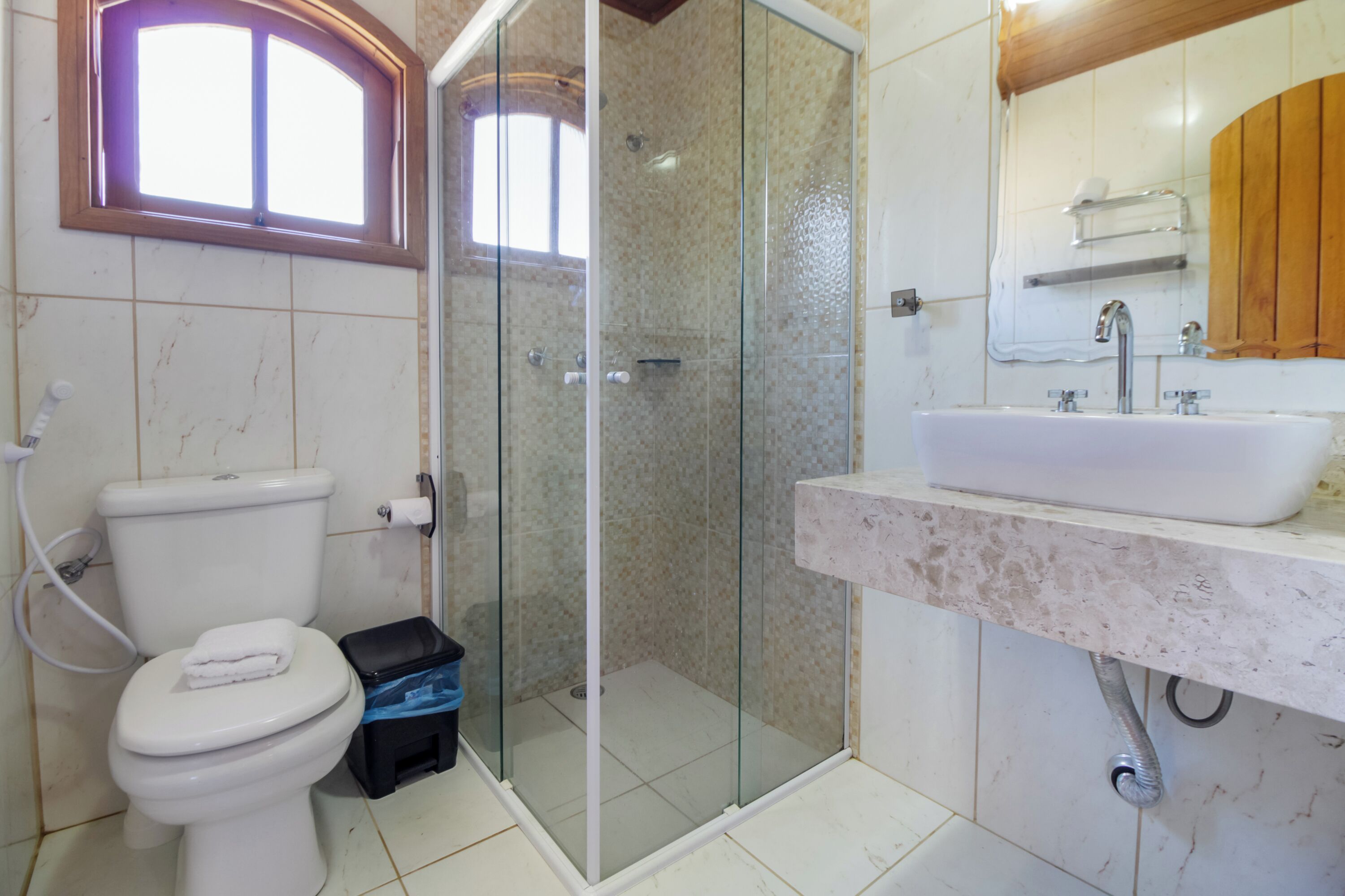 A bathroom with a toilet, a glass-enclosed shower, a sink, and a mirror.