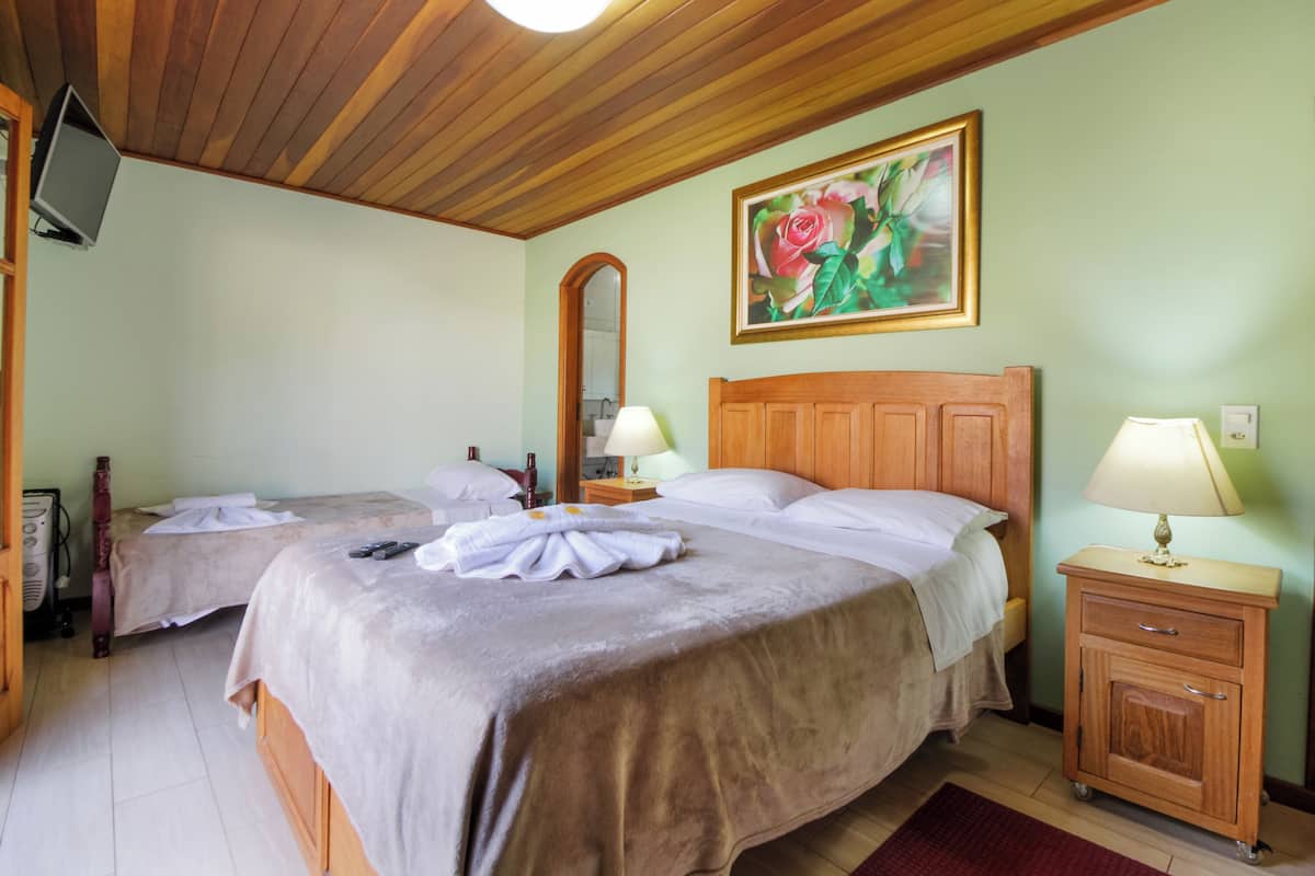 Ein Hotelzimmer mit zwei Betten, Holz-Kopfteilen, einem Blumenbild, einem Fernseher und einer kleinen Kommode.