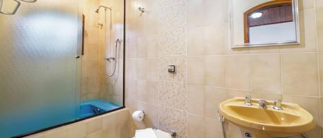 A bathroom with a glass-enclosed shower, a toilet, and a sink.