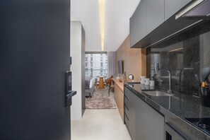 Apartment | Private kitchen | Fridge, microwave, cookware/dishes/utensils