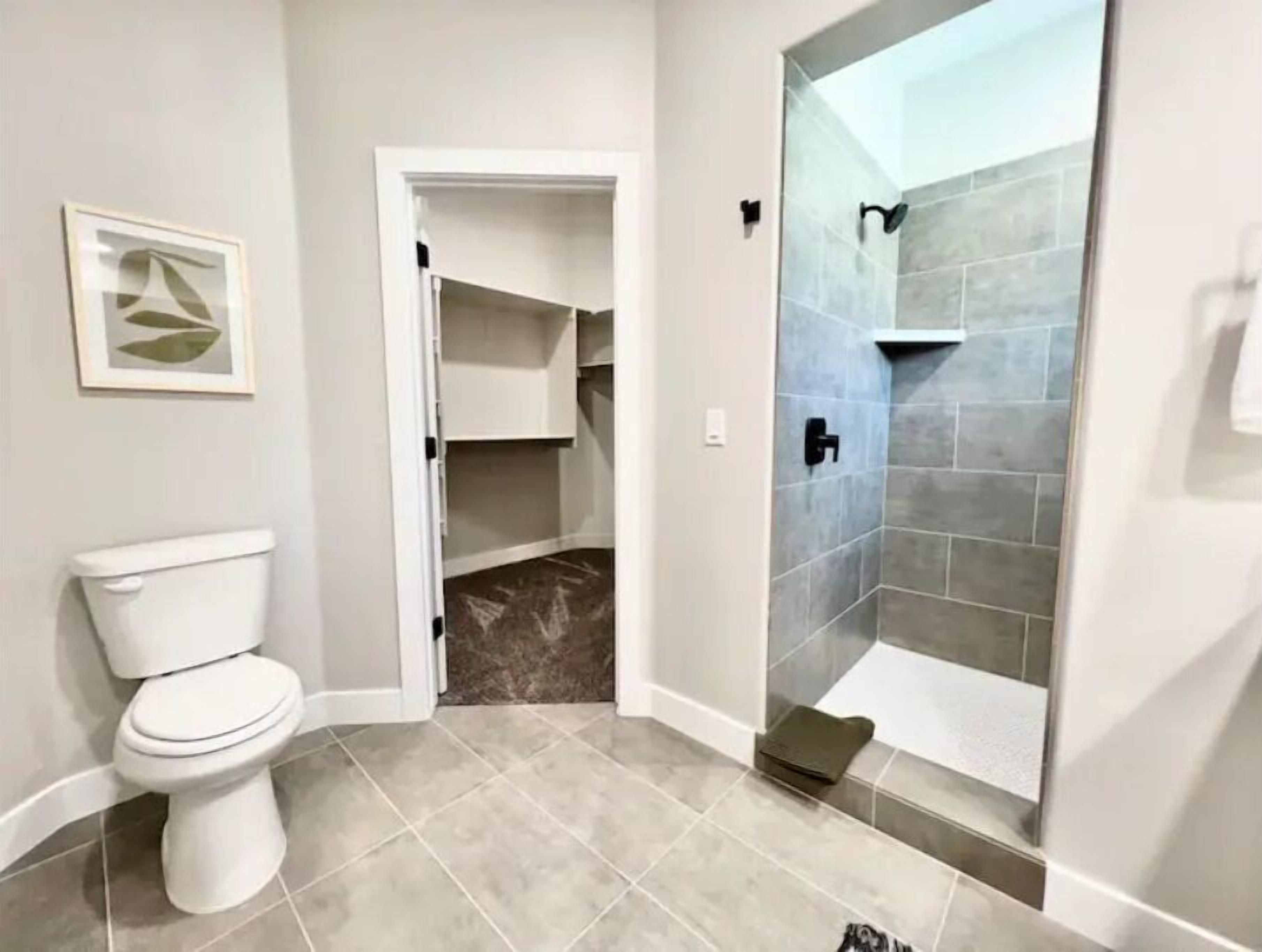 Un baño con inodoro, ducha con azulejos grises y una puerta que da a un espacio de almacenamiento.