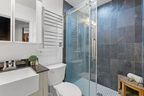 Shower, towels, soap, shampoo