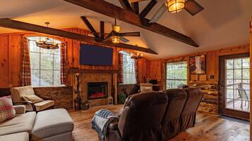 Smart TV, fireplace, DVD player, books