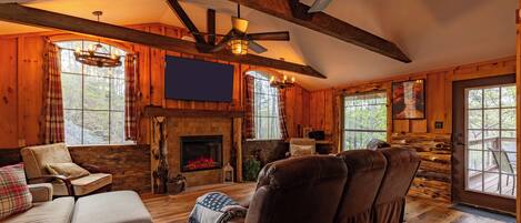 Smart TV, fireplace, DVD player, books