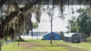 A blue house with a white garage, surrounded by trees and a fence. - Cozy Lakeside Cottage near Legoland, Winter Haven! Florida vacation ready! (Winter Haven)