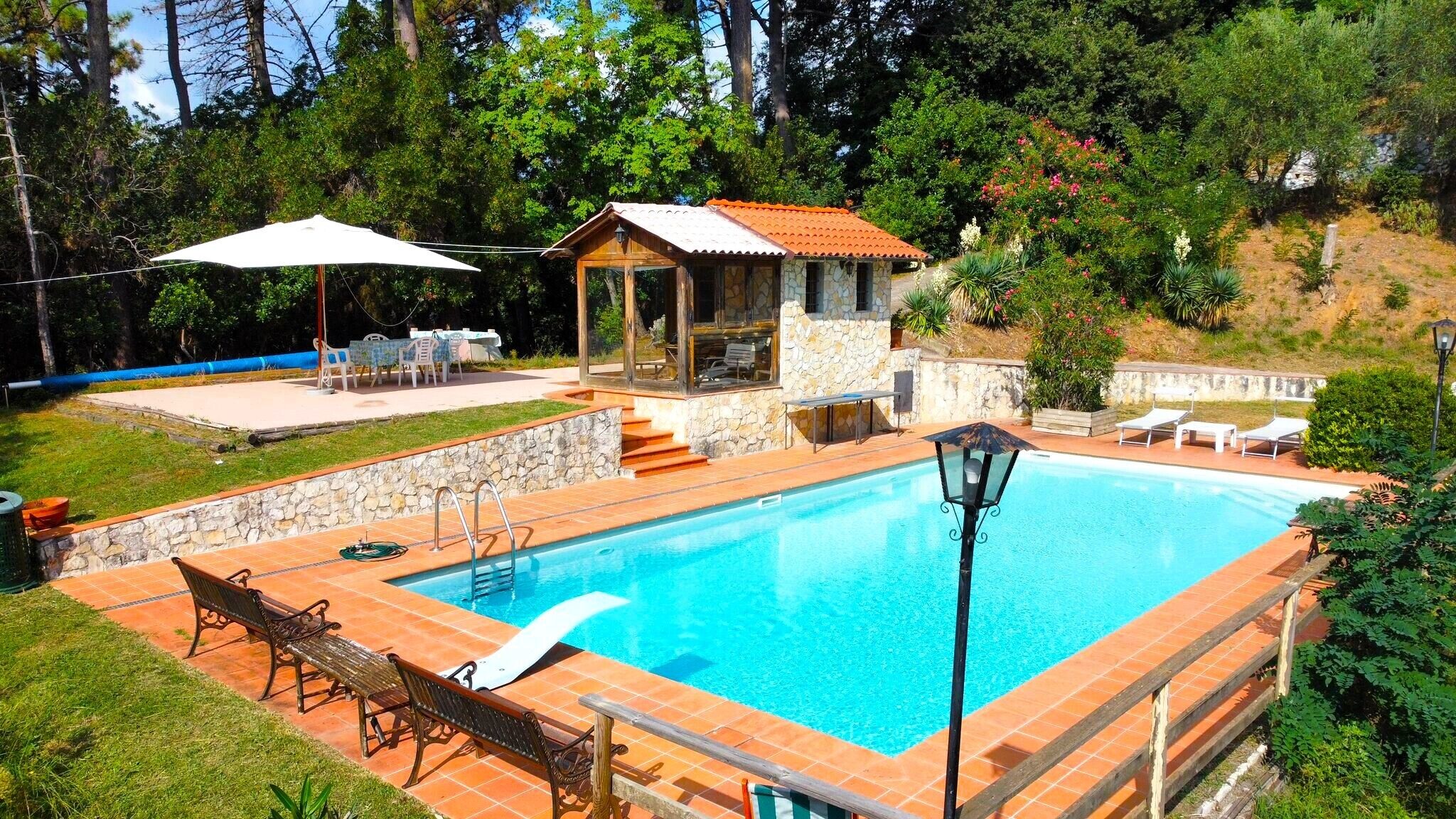A swimming pool with a stone deck, surrounded by greenery and a small pavilion.