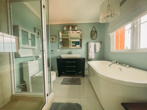 Dusche, Haartrockner, Handtücher, Toilettenpapier