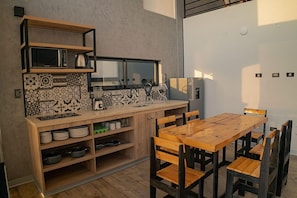 Loft, 3 Bedrooms, Pool View | Private kitchen | Full-size fridge, microwave, electric kettle, rice cooker - Awqa Loft & Camp (Laredo)