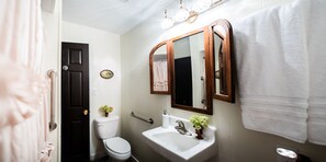 A bathroom with a toilet, sink, and mirror.