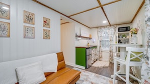 A cozy living room with a brown sofa and a white pillow, a small kitchen area with a microwave and a green cabinet, and a dining area with a white chair. - Wilmington Area Studio ~ 4 Mi to Downtown! (Leland)