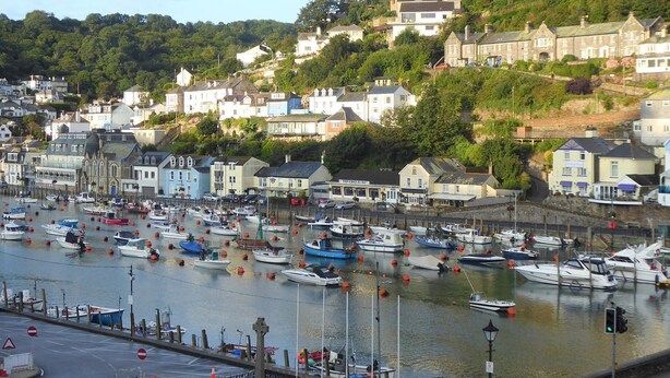 A coastal town with a marina filled with boats, surrounded by residential buildings and lush greenery. - Little Trevallan (Looe)