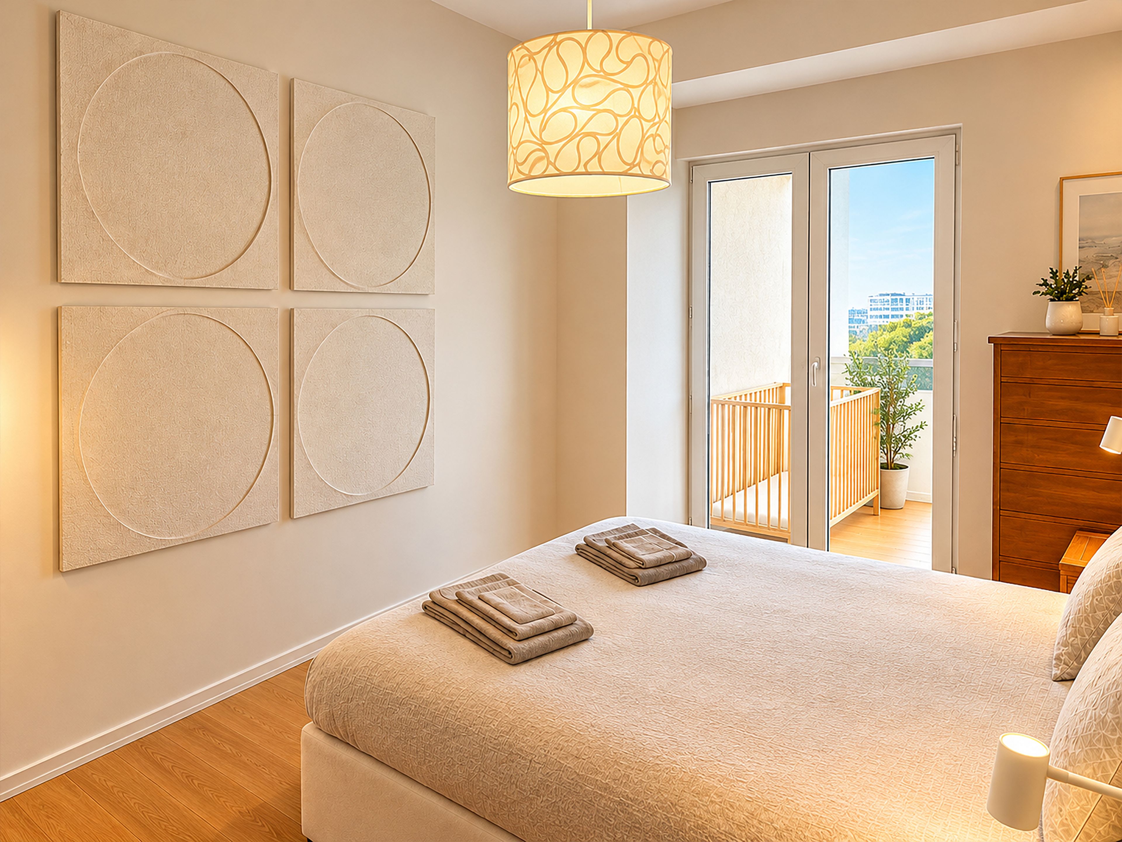 Ein Schlafzimmer mit einem großen Bett, einem runden Wandbild, einer Deckenleuchte und Blick durch eine Schiebetür.